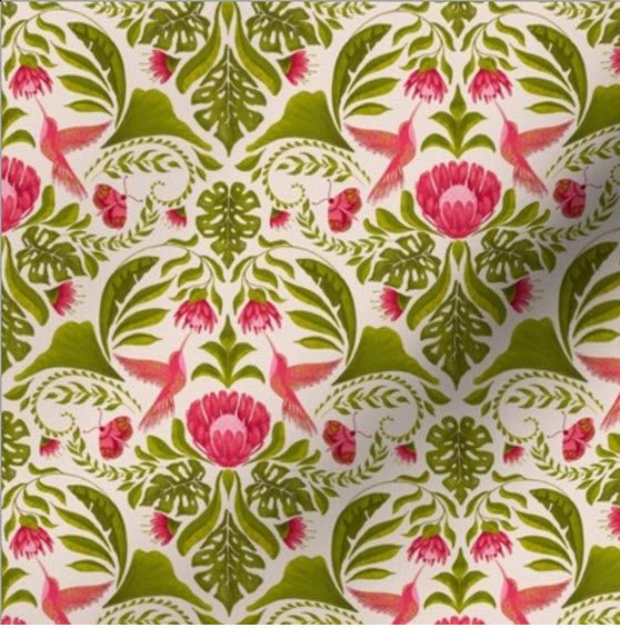 detail view of hummingbird damask.