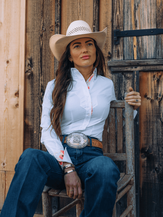 Frank & Rio-Western Shirts for Women- Stretch White/Pastel Roses - Frank & Rio