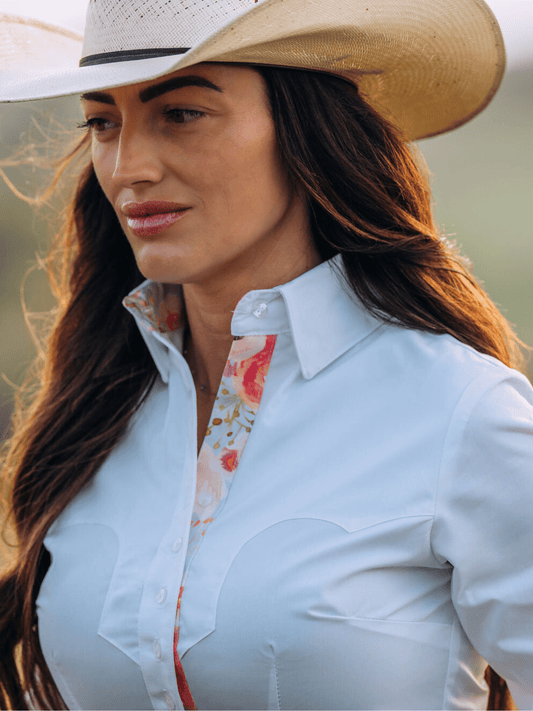 Frank & Rio-Western Shirts for Women- Stretch White/Pastel Roses - Frank & Rio