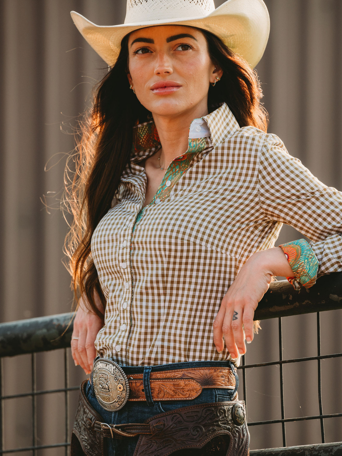 Frank & Rio-Western Shirts for Women - olive gingham/ emerald peacock