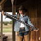 Big Concho Twilly in Black held outstretched showing full length silver concho and turquoise pattern