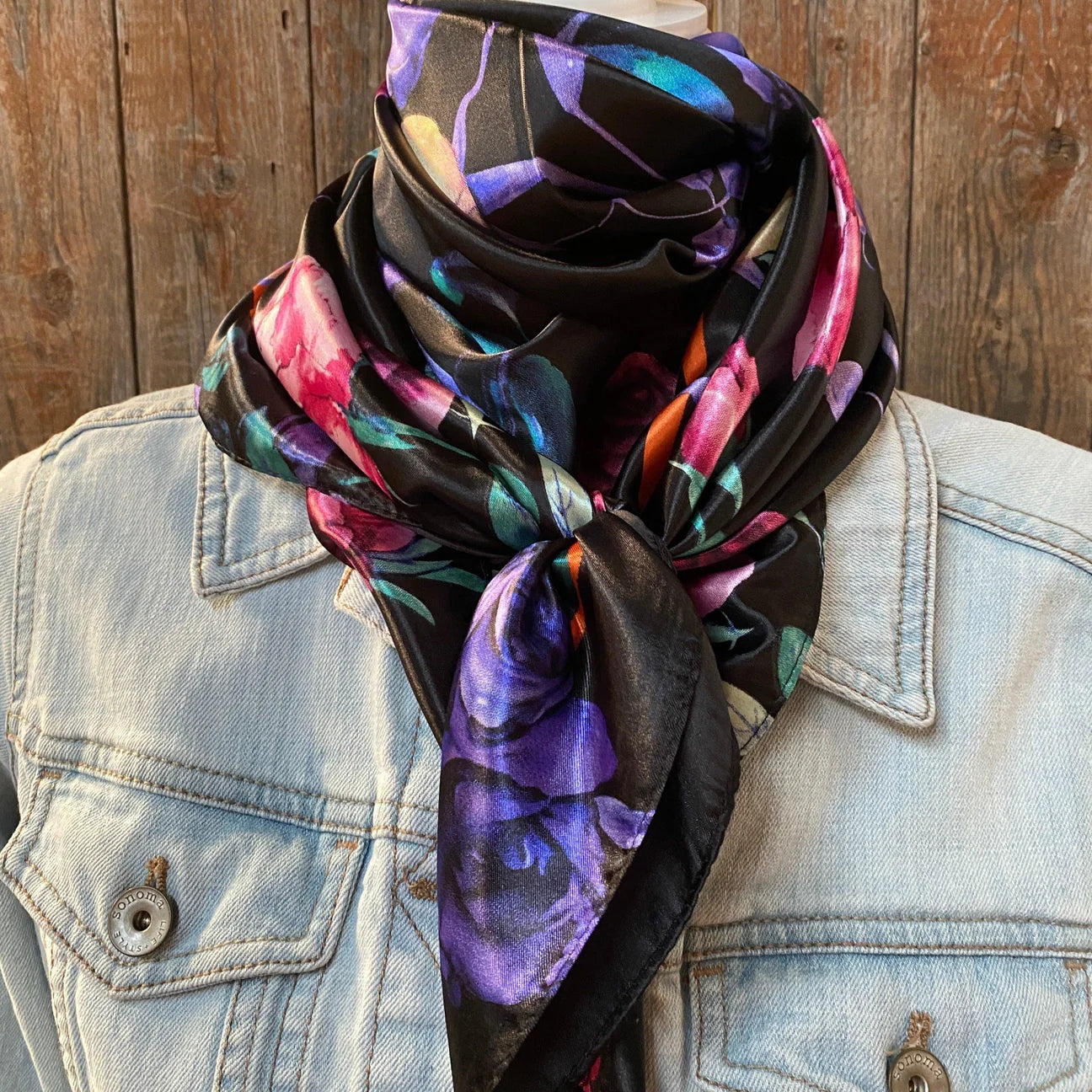 Black wild rag with purple and pink roses