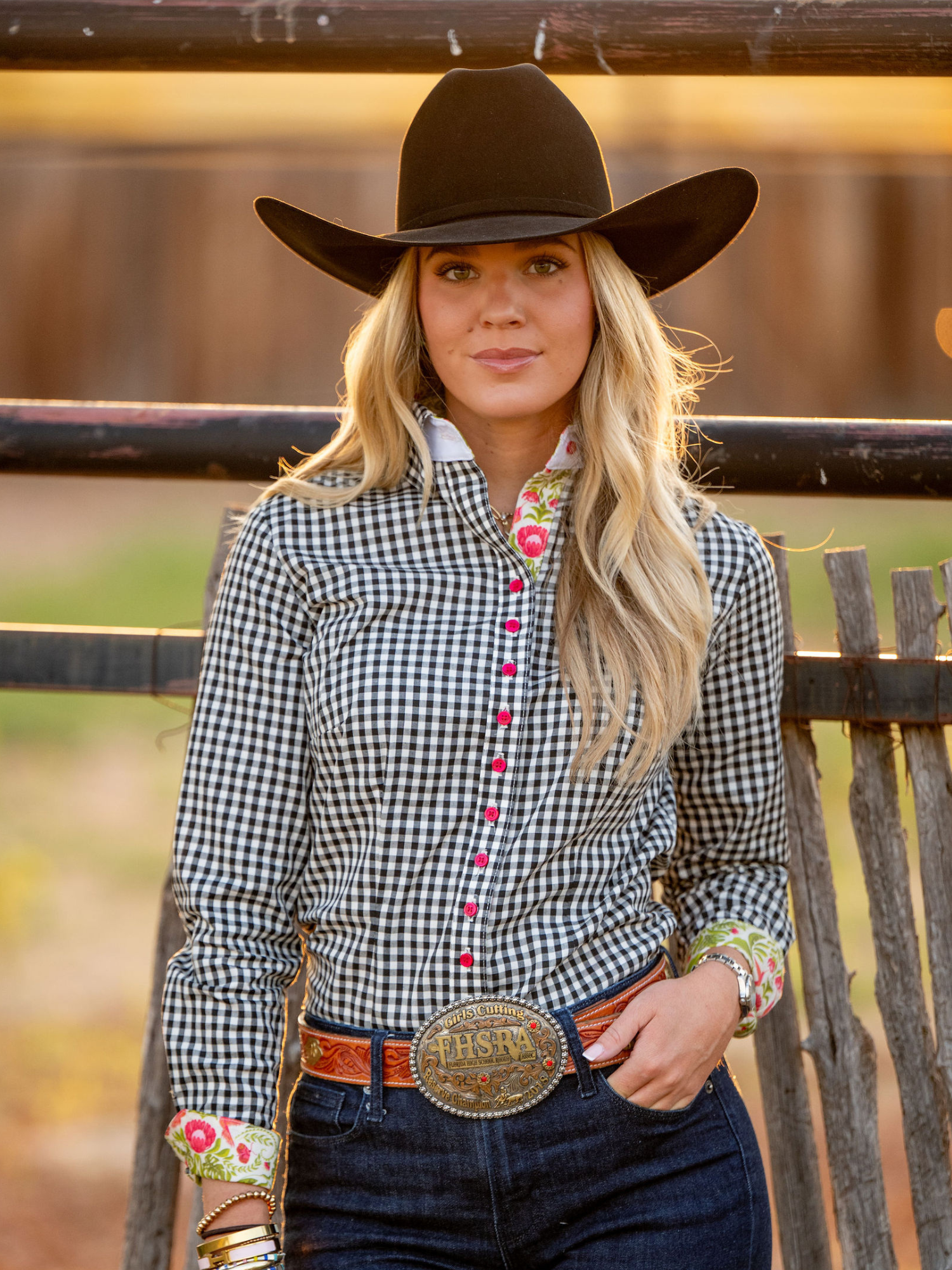 Women's western shirt in black and cream gingham with accent print and tailored fit.  