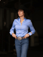 Blue chambray western show shirt with classic yoke detail and turn back cuffs