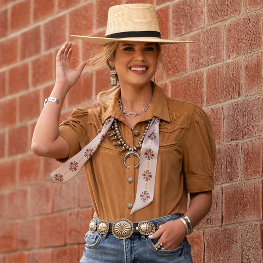 Cross Me Twilly in Tan held outstretched showing full length Southwest cross pattern