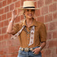 Cross Me Twilly in Tan held outstretched showing full length Southwest cross pattern