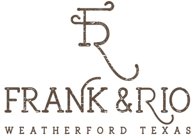 A brown distressed logo for Frank & Rio featuring a stylized 'F' monogram above the text 'FRANK & RIO' and 'WEATHERFORD TEXAS' on a white background.