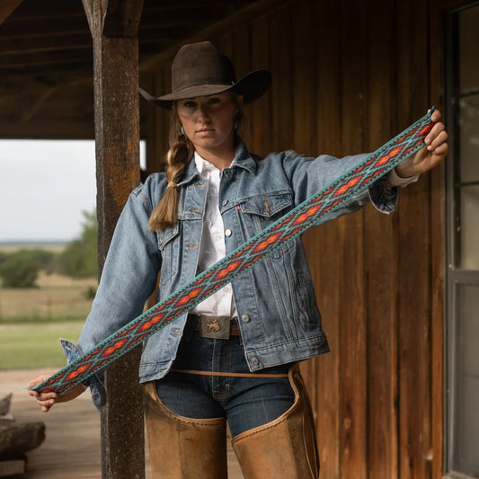 Nashville Twilly held outstretched showing full length chambray pattern with dark gray, red, and orange