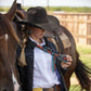 Nashville Twilly tied loosely around neck next to horse, styled with white shirt and black jacket