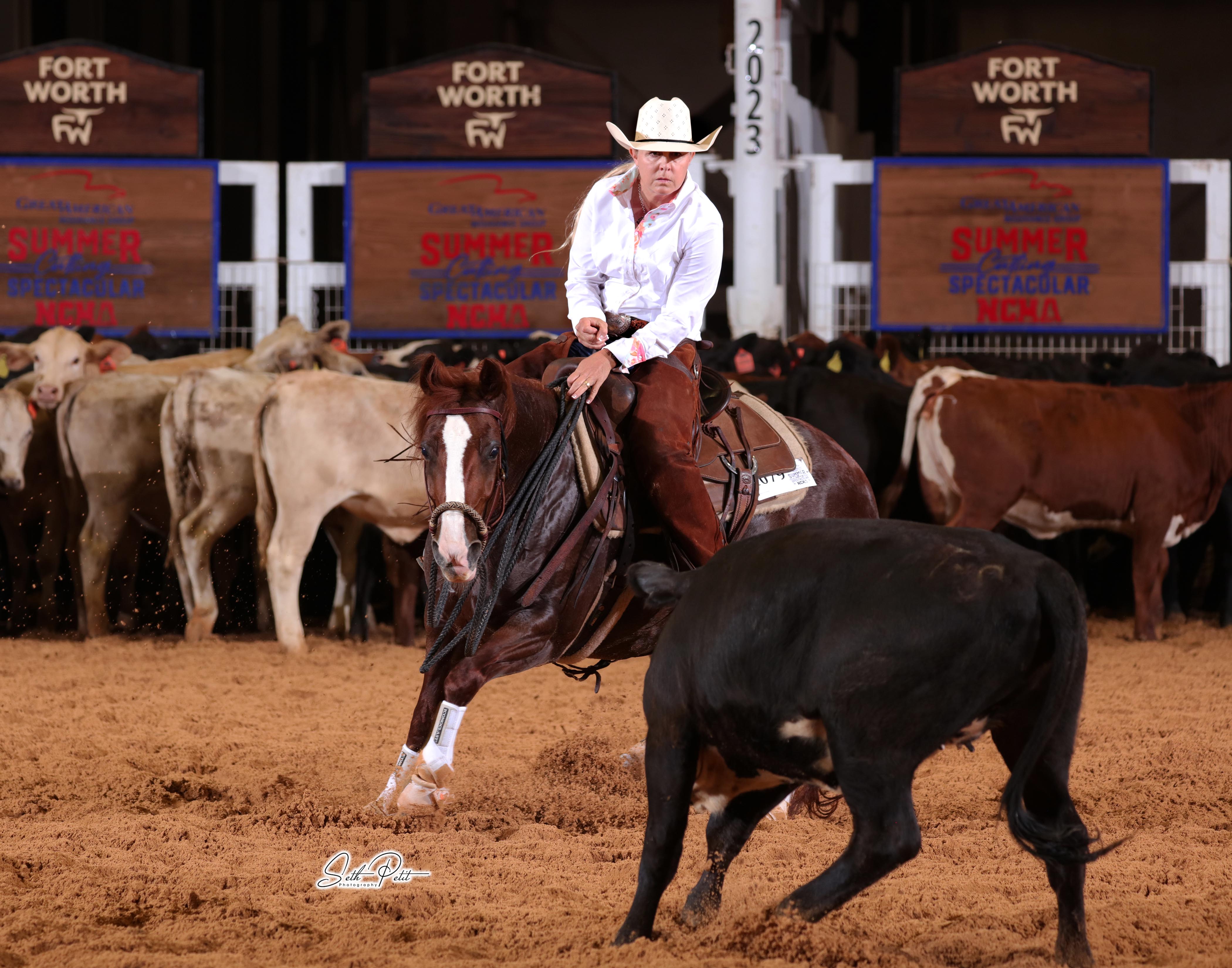 A cowgirl in a white shirt and hat rides a brown horse in a cutting arena, chasing a black steer, with cattle and arena signage visible in the background.