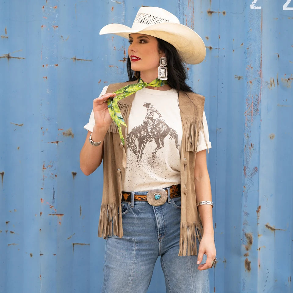 Prickly Pear Twilly draped around neck over fringe suede vest and bronco graphic tee with straw hat