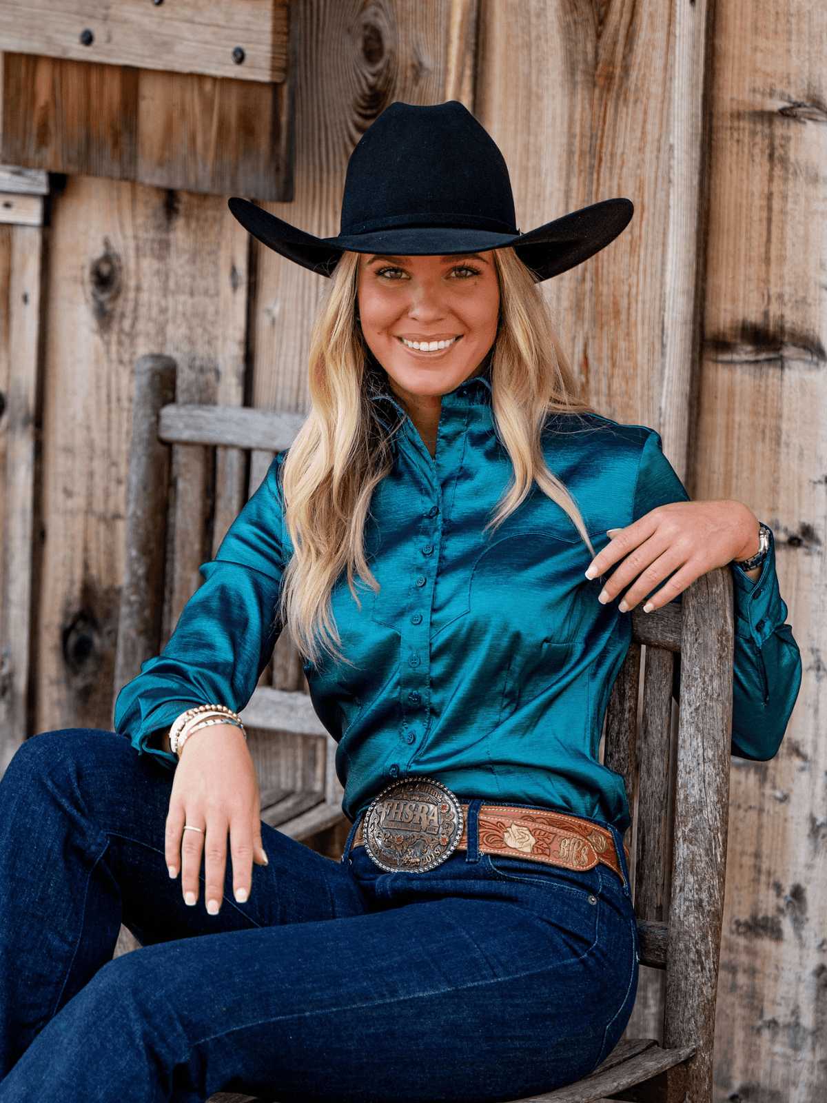 Women’s western stretch iridescent taffeta show shirt in turquoise