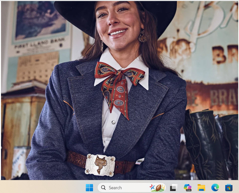 San Miguel Twilly styled around neck in a bow with denim blazer and western belt