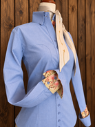 Blue western shirt styled with a cream wild rag